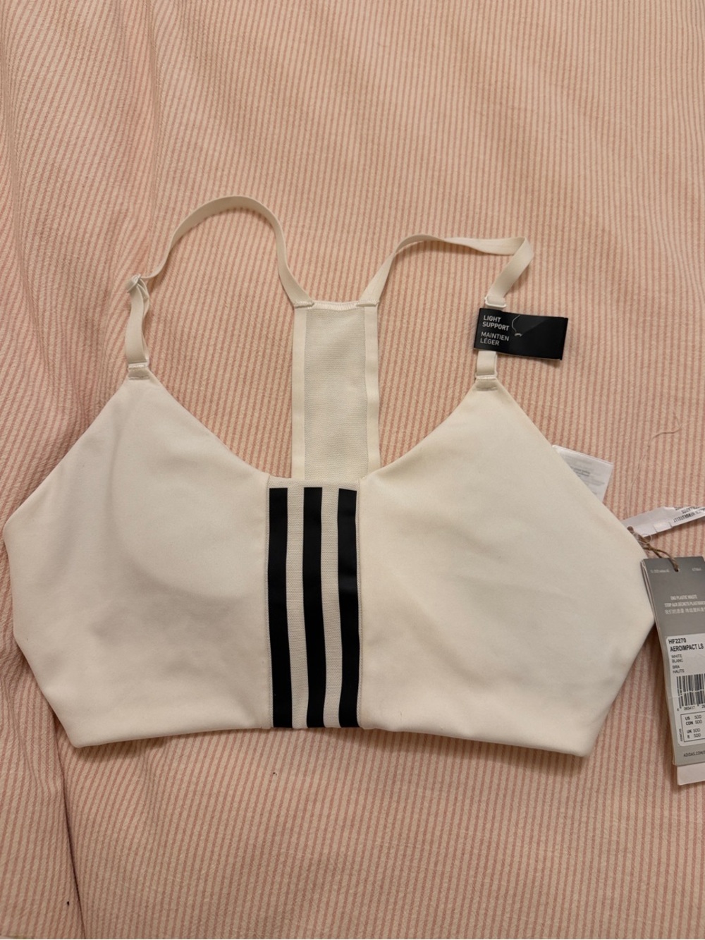 adidas Cream Light-Support Sports Bra with Black Stripes